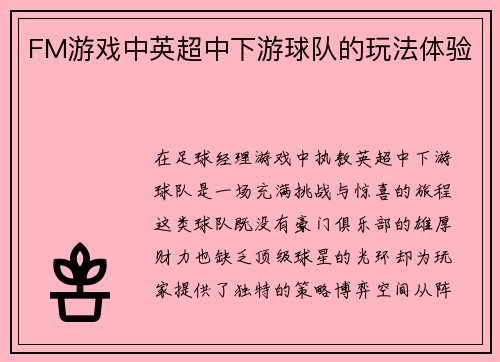 FM游戏中英超中下游球队的玩法体验