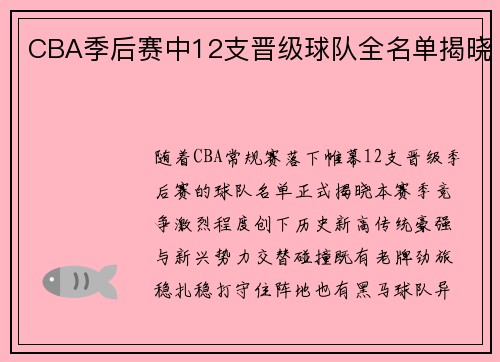 CBA季后赛中12支晋级球队全名单揭晓
