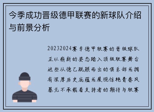 今季成功晋级德甲联赛的新球队介绍与前景分析