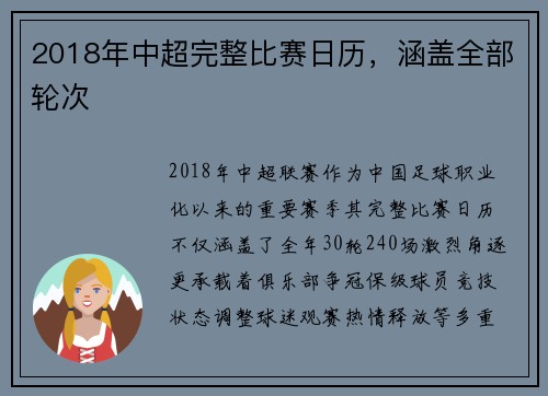 2018年中超完整比赛日历，涵盖全部轮次