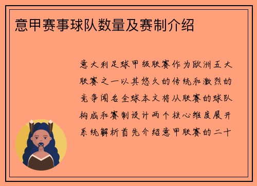 意甲赛事球队数量及赛制介绍